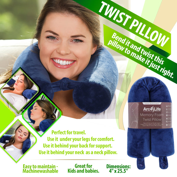 Arc4life Sleep Travel Kit - Twistable Memory Pillow + Natural Silk Eye Mask and Noise Reducing Ear Plugs Set
